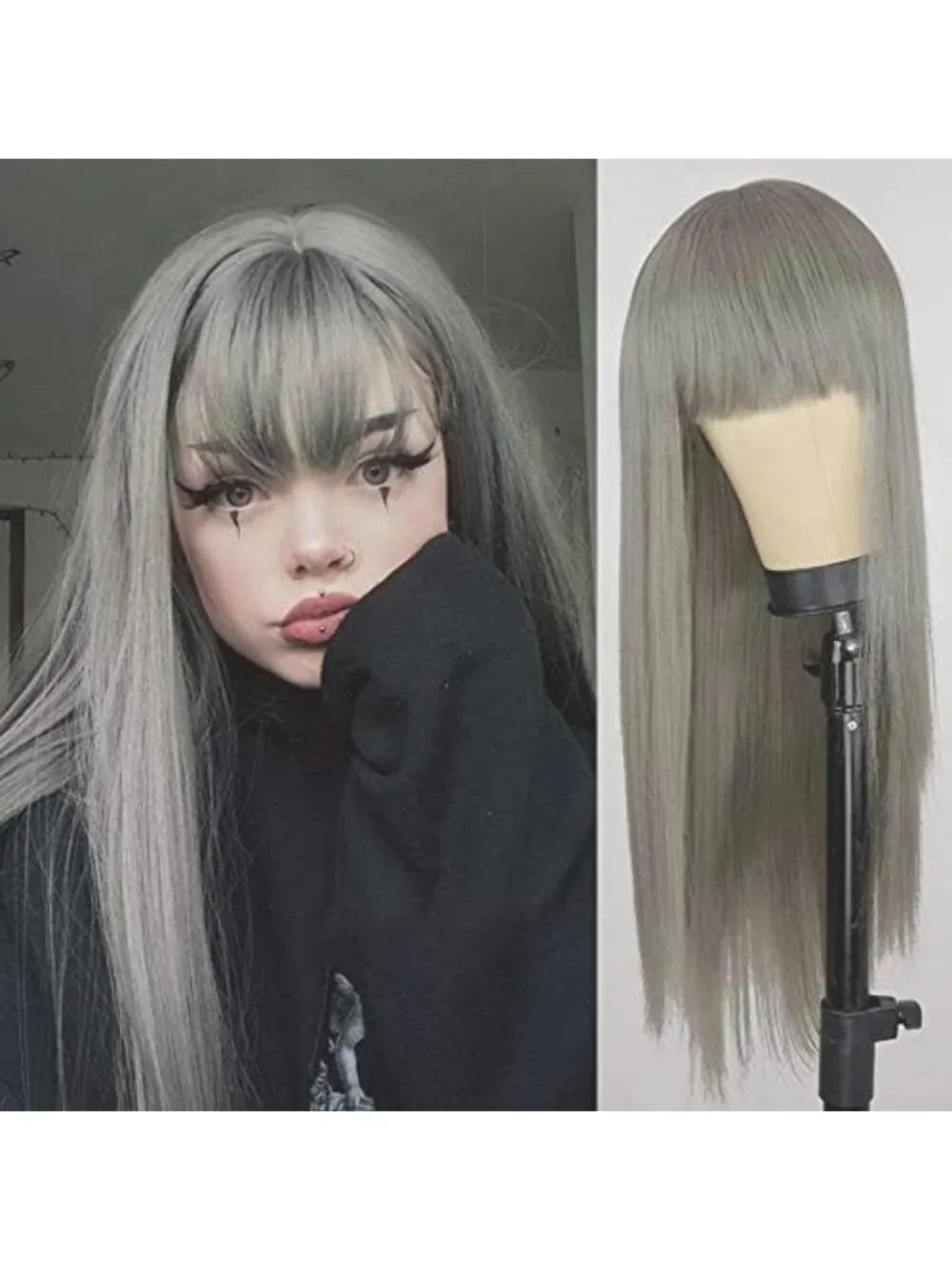Stylish Grey Long Wig with Bangs - Straight Synthetic Heat-Resistant Hair for
